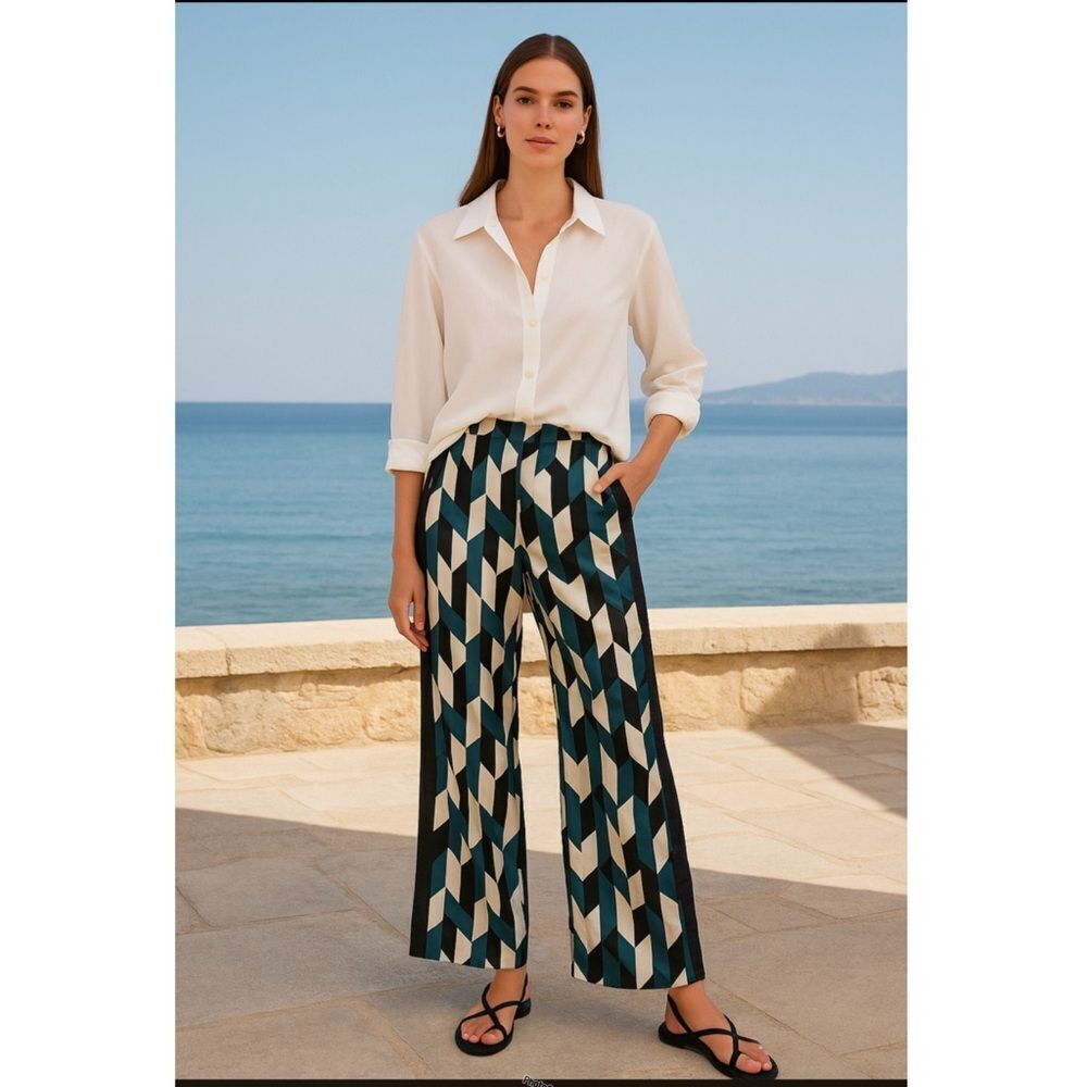 Sportmax Geometric Teal Black White Geometric Pattern Silk Wide Leg Trousers